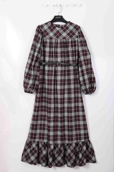 Deri Kemerli Parçalı Ekoseli Elbise Bordo