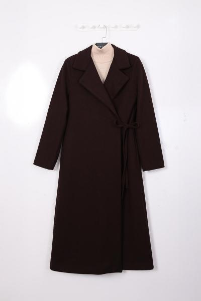 Yandan Bağlamalı Kaşe Kaban Koyu Kahve