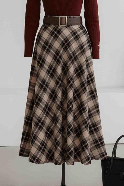 Beli Kemerli Ekoseli Çan Etek Vizon