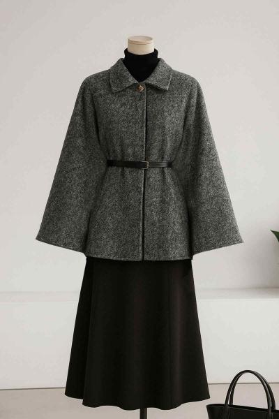 Deri Kemerli Oversıze Yünlü Kaşe Panço Antrasit