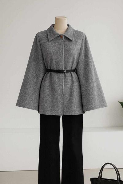 Deri Kemerli Oversıze Yünlü Kaşe Panço Gri