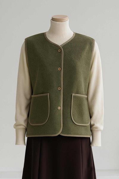 Çift Cepli Biyeli Peluş Yelek Haki