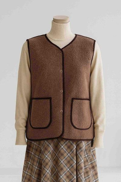 Çift Cepli Biyeli Peluş Yelek Sütlü Kahve