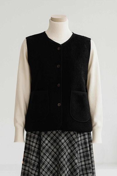 Çift Cepli Biyeli Peluş Yelek Siyah