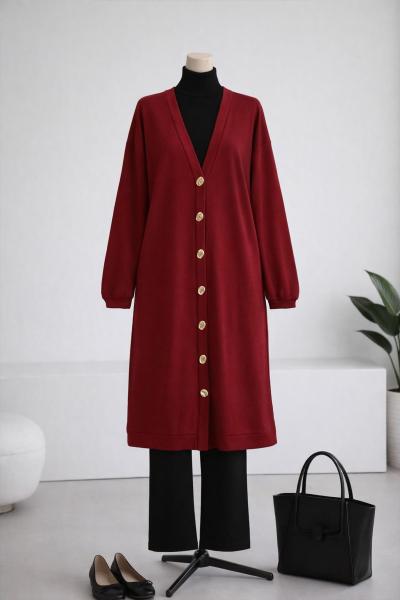 Sarı Düğmeli Selanik Örgü Uzun Hırka Bordo