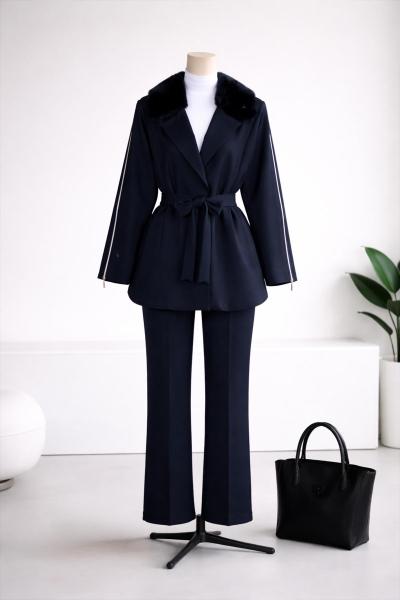 Yaka Kürklü Fermuar Detay Scuba Pantolonlu Takım Lacivert