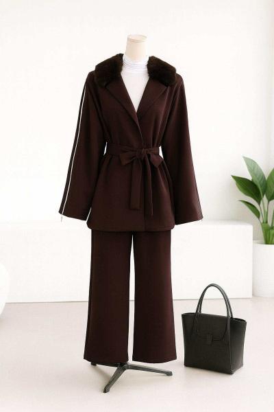 Yaka Kürklü Fermuar Detay Scuba Pantolonlu Takım Kahve