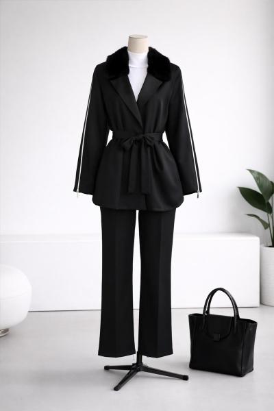 Yaka Kürklü Fermuar Detay Scuba Pantolonlu Takım Siyah