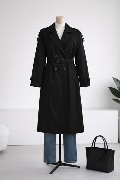 Apoletli Alerli Kuşaklı Bondid Trençkot Siyah