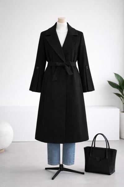 Kolları Apolet Detaylı Kaşe Kaban Siyah