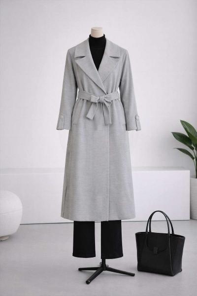 Geniş Yakalı Yırtmaçlı Kuşaklı Kaşe Kaban Gri