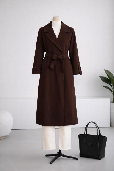 Geniş Yakalı Yırtmaçlı Kuşaklı Kaşe Kaban Kahve