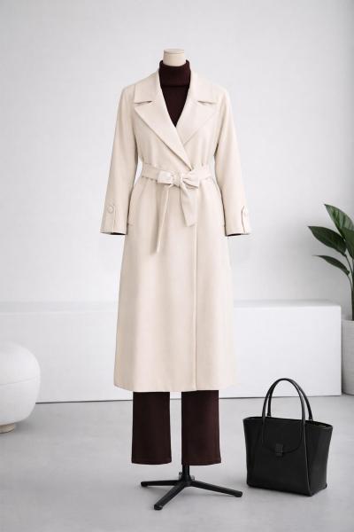 Geniş Yakalı Yırtmaçlı Kuşaklı Kaşe Kaban Taş