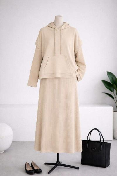 Kapşonlu Fitilli İkili Elbise Bej