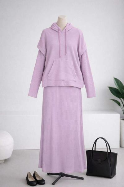 Kapşonlu Fitilli İkili Elbise Lila