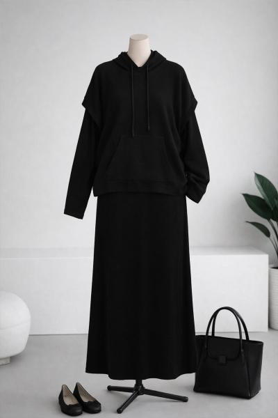 Kapşonlu Fitilli İkili Elbise Siyah