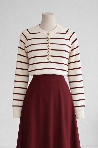 Patı Çok Düğmeli Enine Çizgili Triko Kazak Ekru Bordo