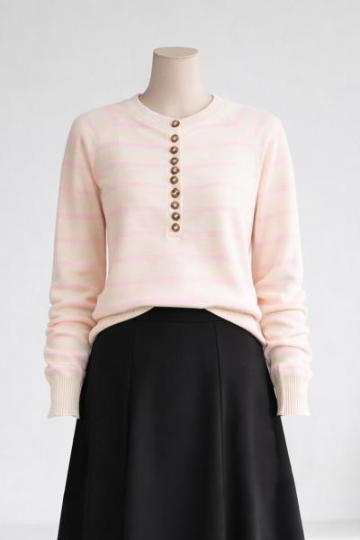 Patı Çok Düğmeli Enine Çizgili Triko Kazak Ekru Pembe