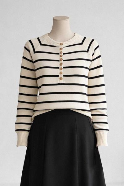 Patı Çok Düğmeli Enine Çizgili Triko Kazak Ekru Siyah