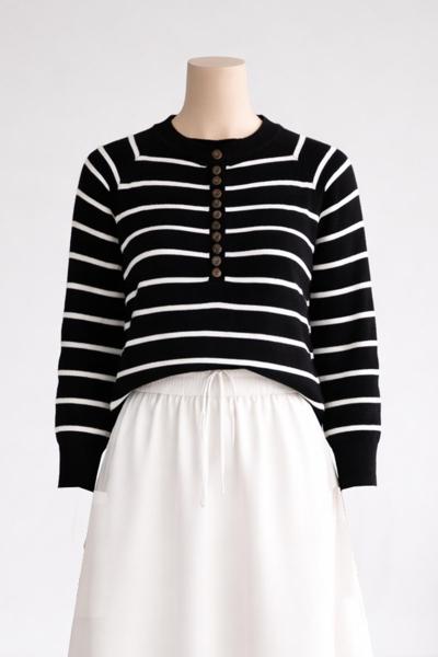 Patı Çok Düğmeli Enine Çizgili Triko Kazak Siyah Ekru