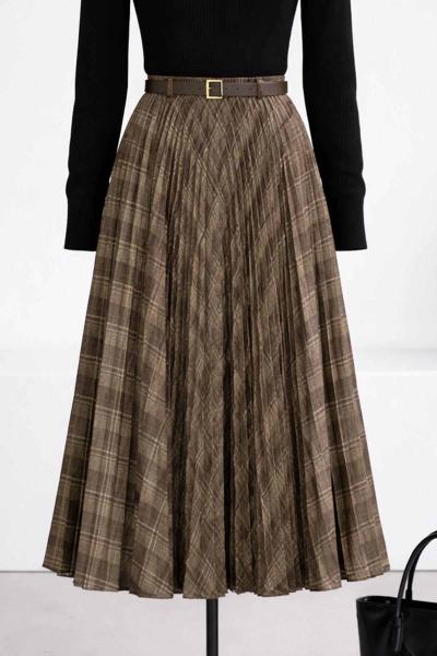 Beli Lastikli Piliseli Kemerli Ekose Kloş Etek Yağ Yeşili