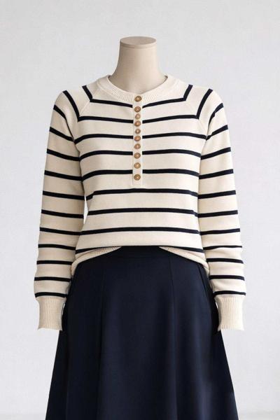 Patı Çok Düğmeli Enine Çizgili Triko Kazak Ekru Laci