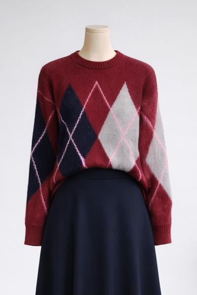 Baklava Desen Şardonlu Triko Kazak Bordo