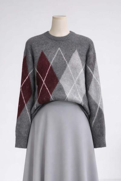 Baklava Desen Şardonlu Triko Kazak Füme