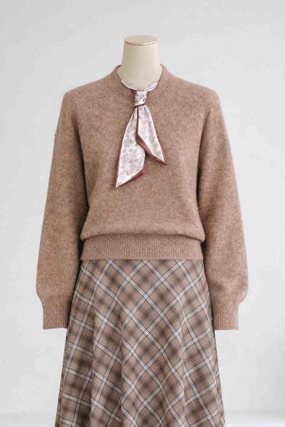 Fularlı Triko Yumoş Kazak Sütlü Kahve