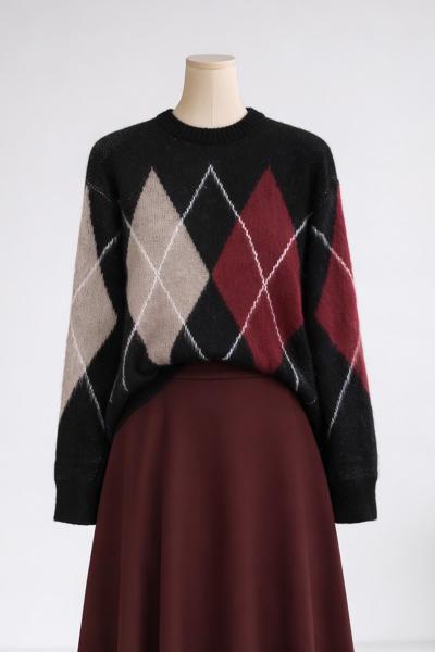 Baklava Desen Şardonlu Triko Kazak Siyah