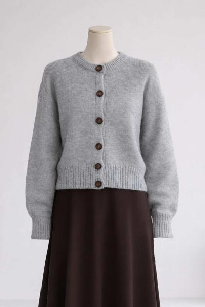 Yırtmaçlı Altı Düğmeli Triko Hırka Gri