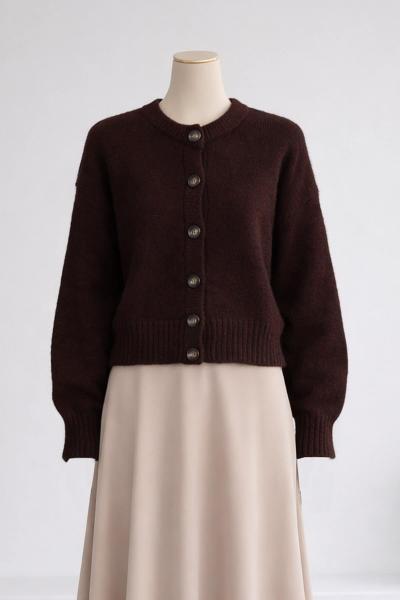 Yırtmaçlı Altı Düğmeli Triko Hırka Kahve