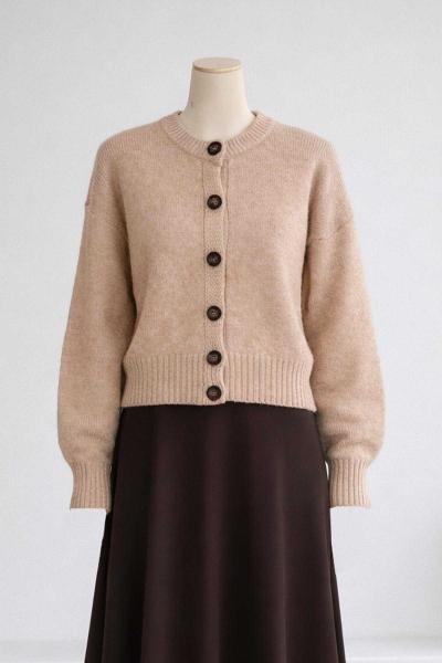 Yırtmaçlı Altı Düğmeli Triko Hırka Vizon