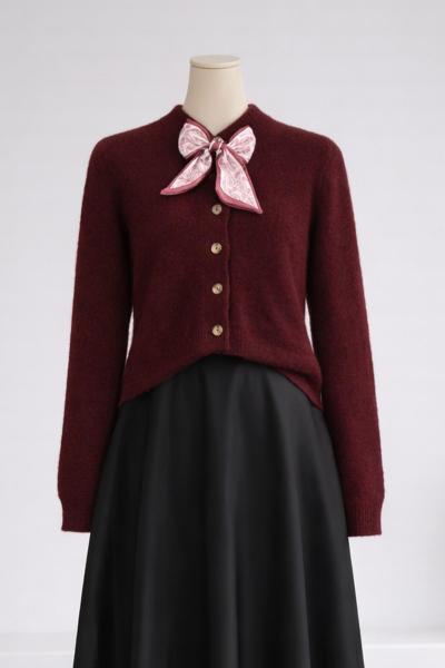 Fularlı Triko Yumoş Hırka Bordo