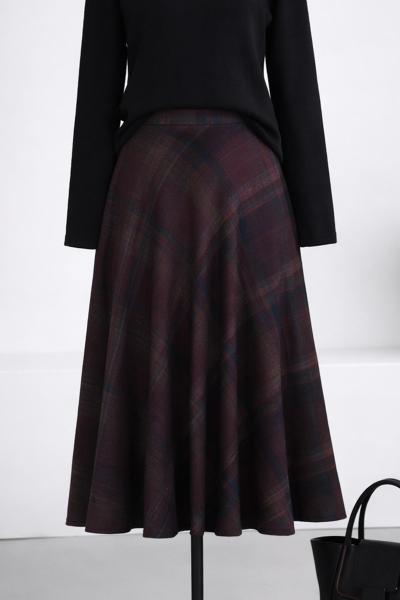 Beli Lastikli Ekose Kaşe Etek Mürdüm