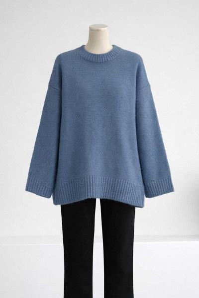 Sıfır Yaka Basıc Triko Kazak Orta Mavi