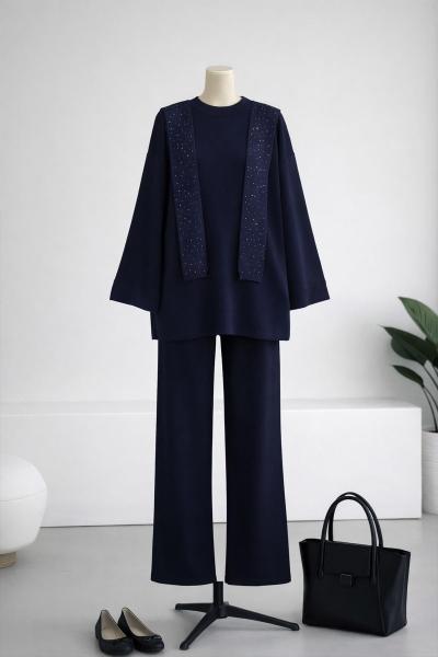 Aksesuarı Taşlı Pantolonlu Üçlü Triko Takım Lacivert
