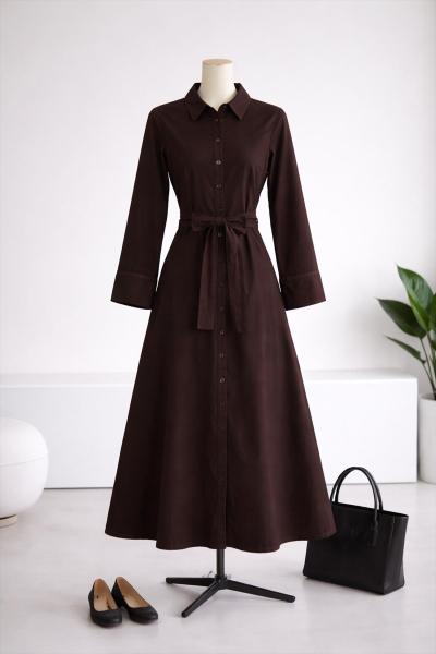 Düğmeli Kolu Katlamalı Kuşaklı Kot Elbise Kahve