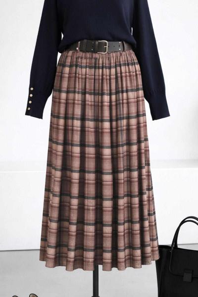 Kemerli Beli Lastikli Ekoseli Jakarlı Etek Bej