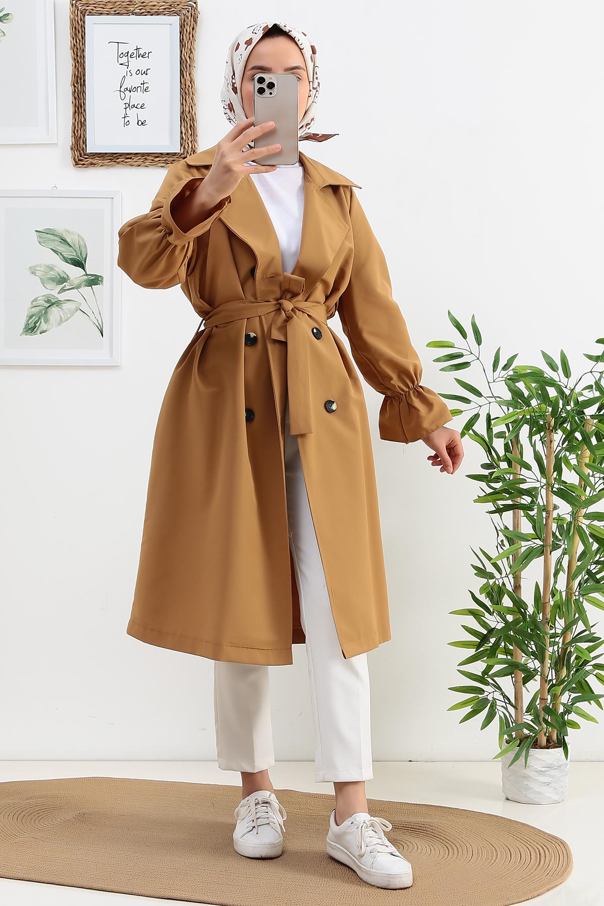 Çift Düğme Oversize Beli Kemerli Trençkot Camel 172 64 Tl Kdv