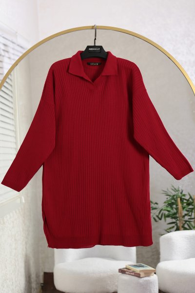 Polo Yaka Kendinden Çizgili 086 Triko Tunik_Bordo