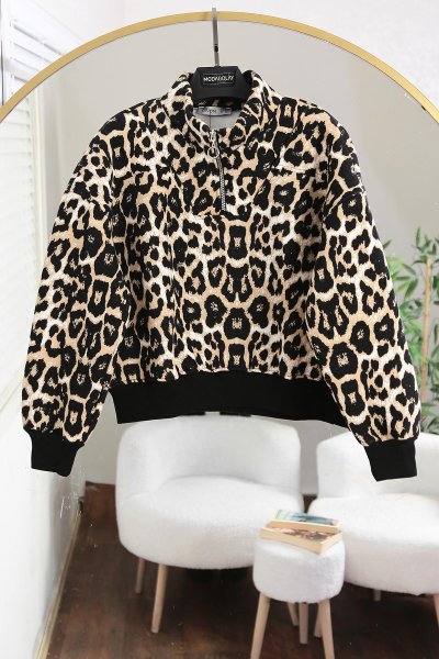 Ribanalı Yarım Fermuarlı Leopar Sweat_Leopar