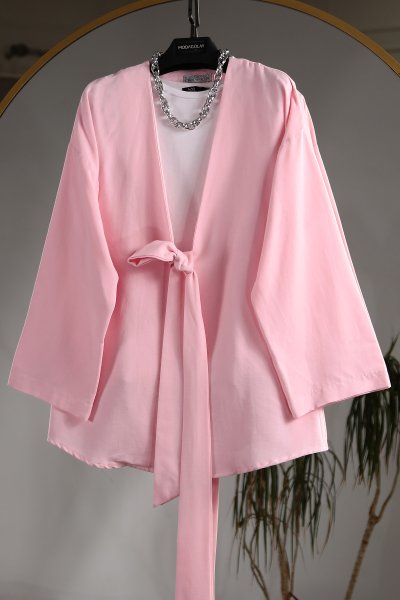 Beli Bağlamalı Keten Kimono_Açık Pembe