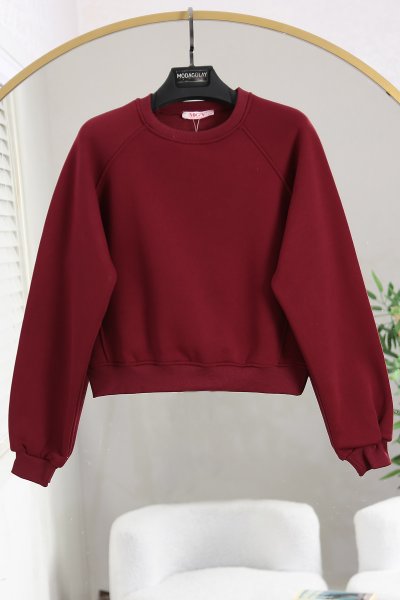 Yan Dikişli Üç İplik Crop Sweat_Bordo