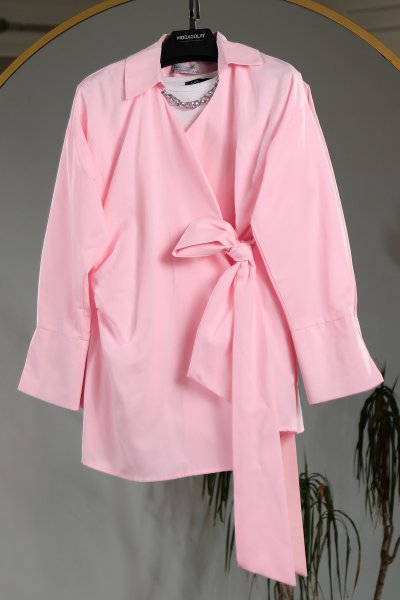 Yandan Bağlamalı Poplin Kimono_Açık Pembe